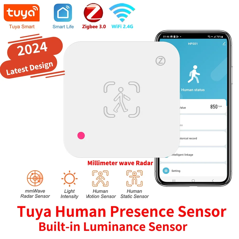 Sensor de Presencia Humana Tuya mmWave Zigbee / WiFi con Sensor de Luz – Reemplazo del PIR