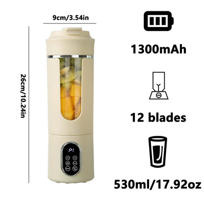 Licuadora Portátil Inalámbrica 530ml – USB Recargable, 12 Cuchillas, 4 Modos, Tritura Hielo