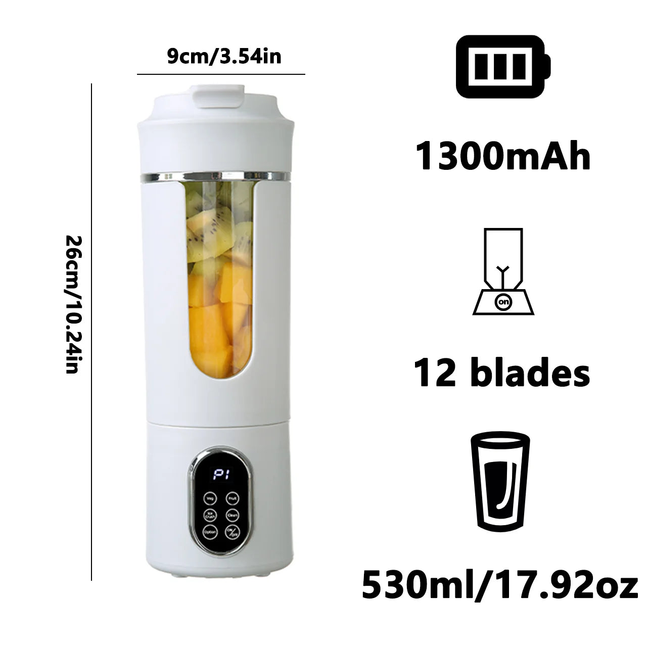 Licuadora Portátil Inalámbrica 530ml – USB Recargable, 12 Cuchillas, 4 Modos, Tritura Hielo