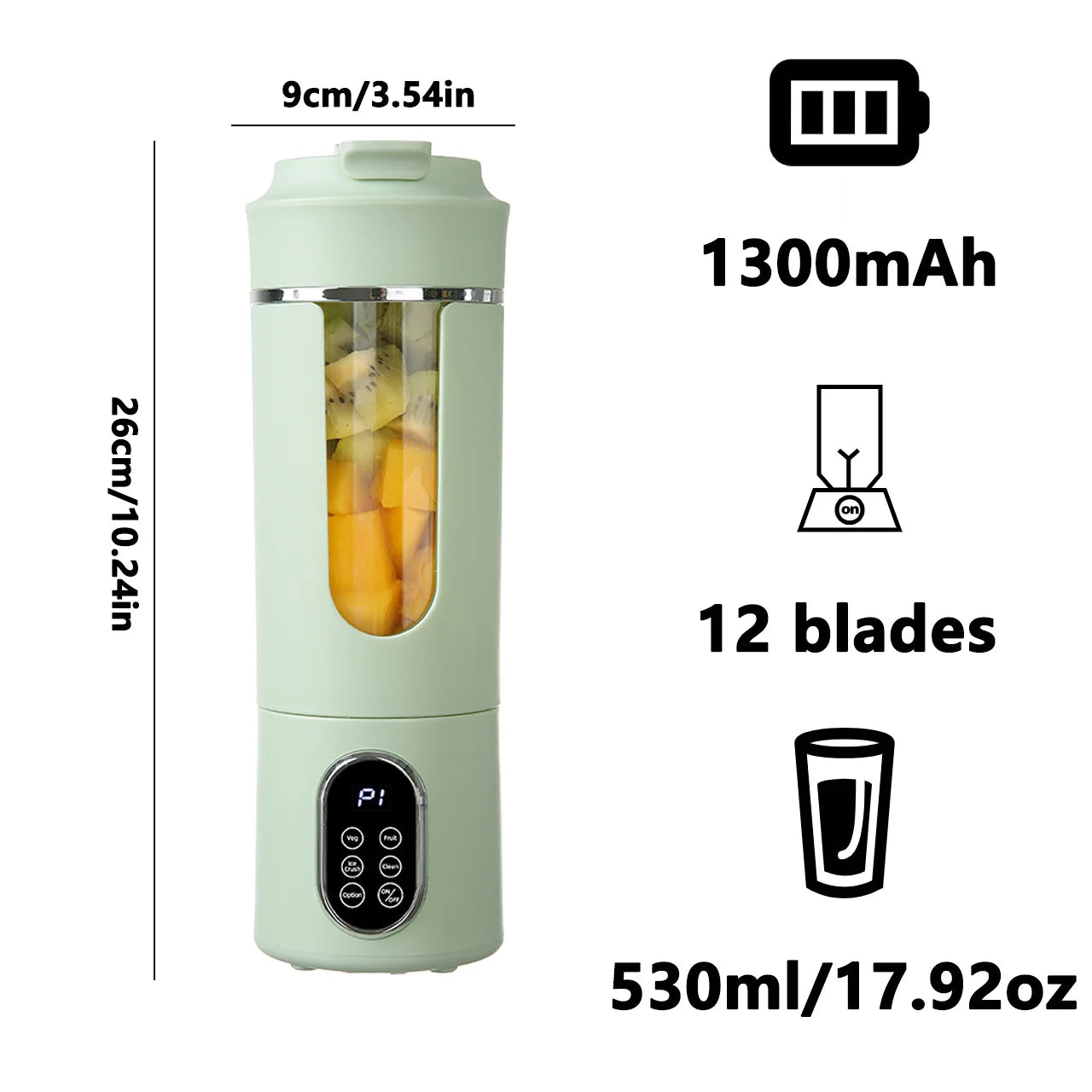 Licuadora Portátil Inalámbrica 530ml – USB Recargable, 12 Cuchillas, 4 Modos, Tritura Hielo